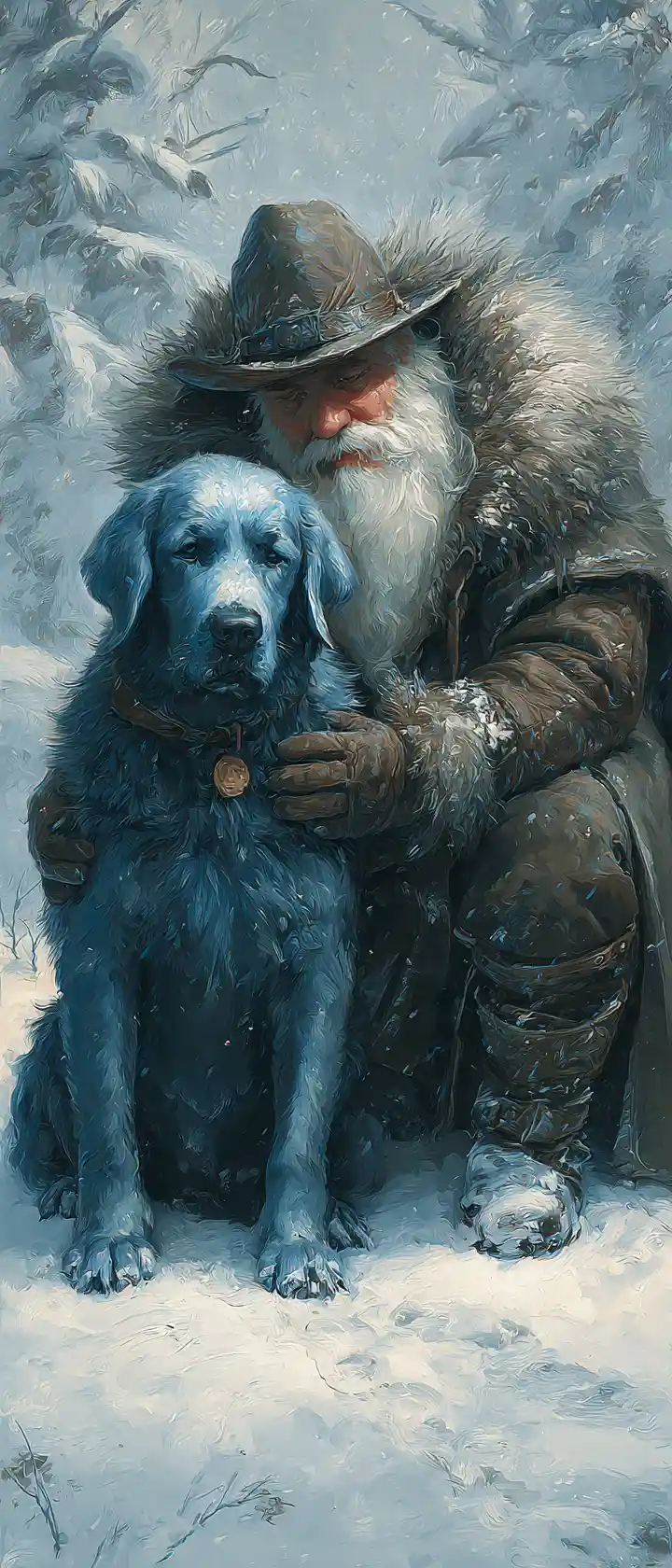 Bearded man kneeling in snow beside blue labrador