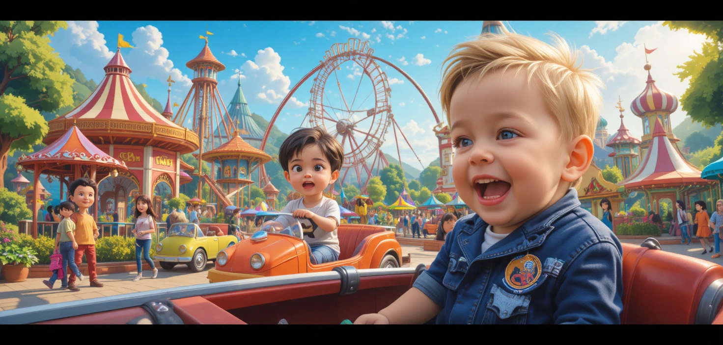 Playful baby boy close up at colorful amusement park