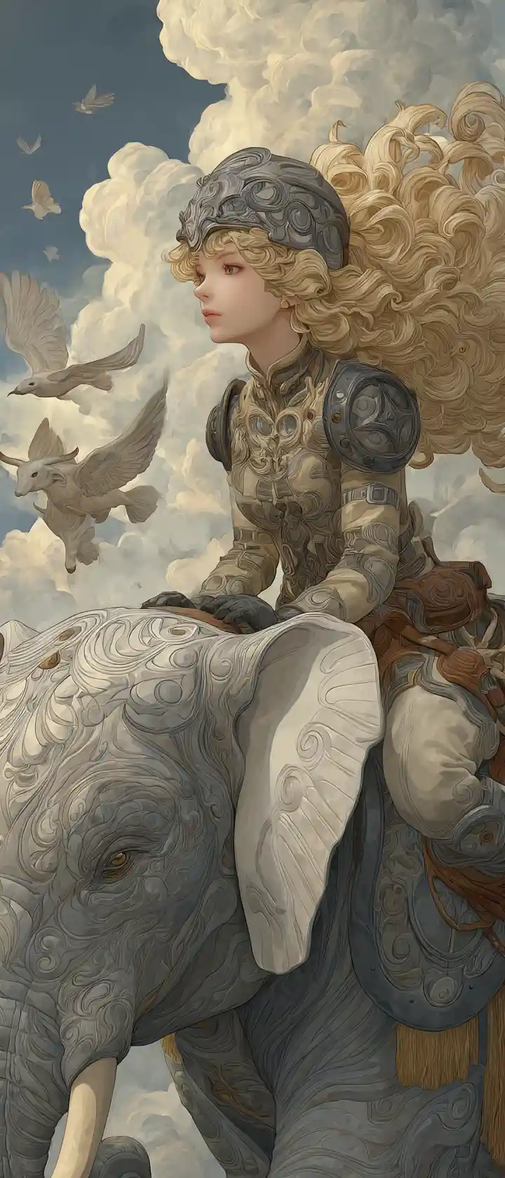 Woman riding an elephant in a rococo fantasy sky