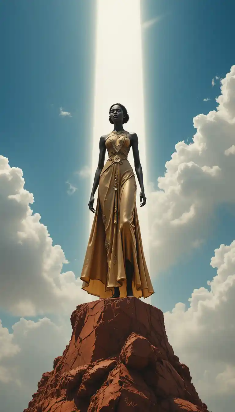 Donna afro simbolica che si eleva in una luce verticale serena