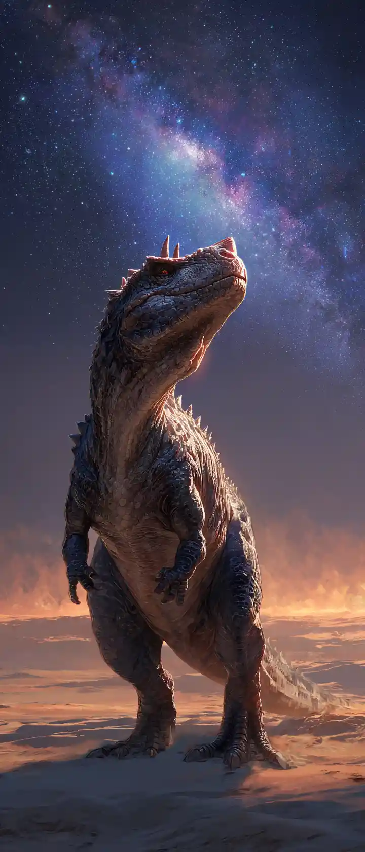 Maestoso dinosauro su dune aliene sotto un tramonto binario