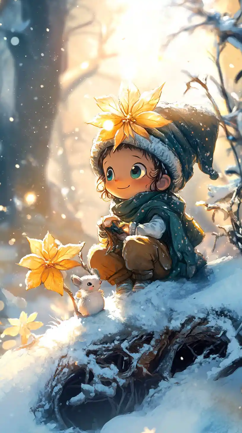 Cute winter flower and elf on a snowy street