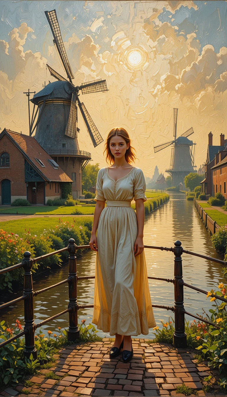 Dutch girl on a bridge in warm golden afternoon light