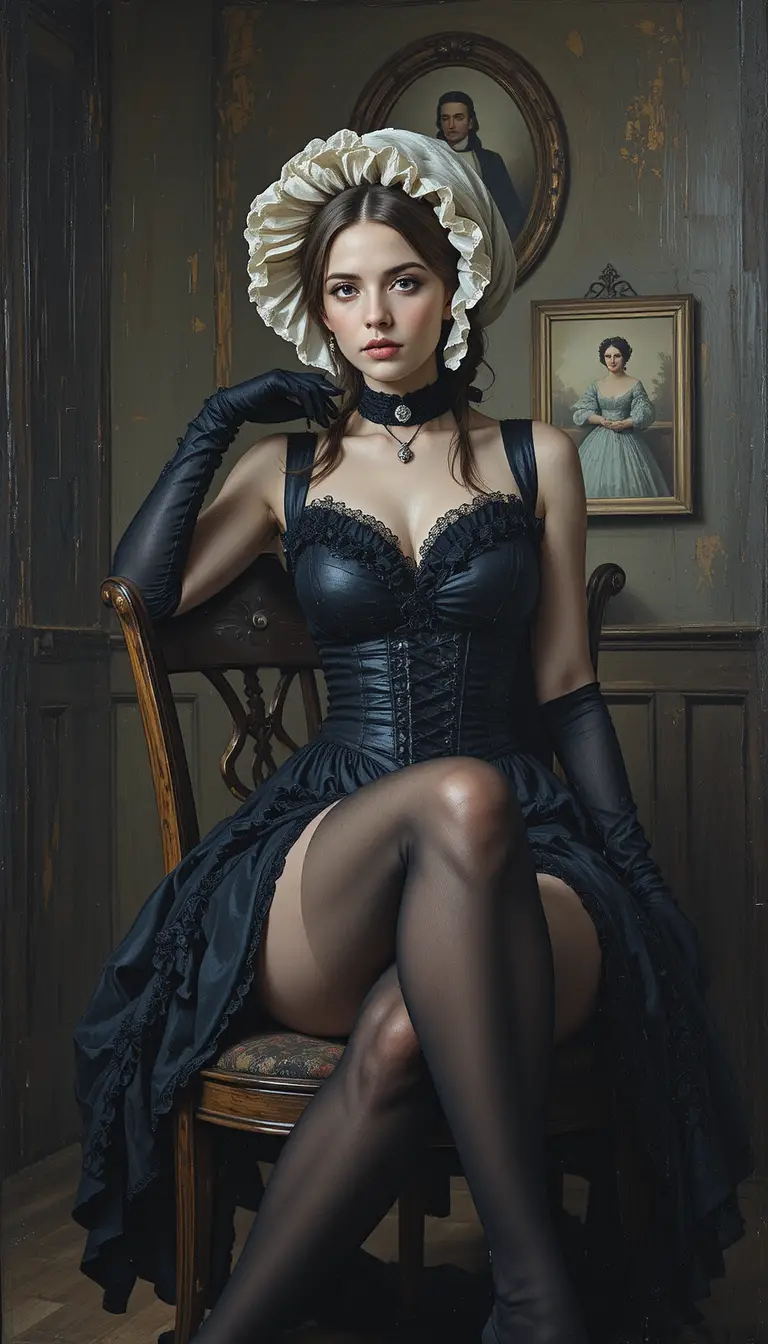 Gothic woman in black dress seated in vintage interior