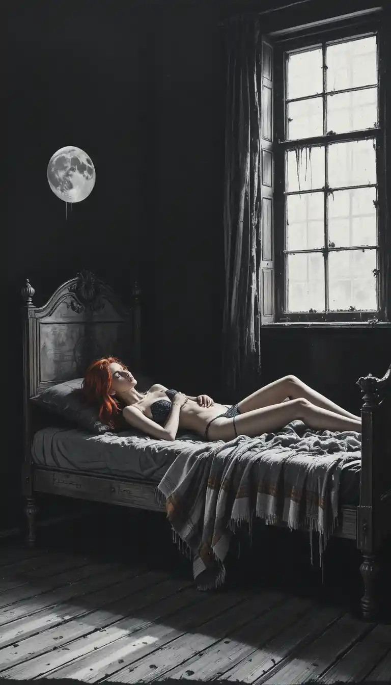Punk woman lying on an old bed in moonlit room