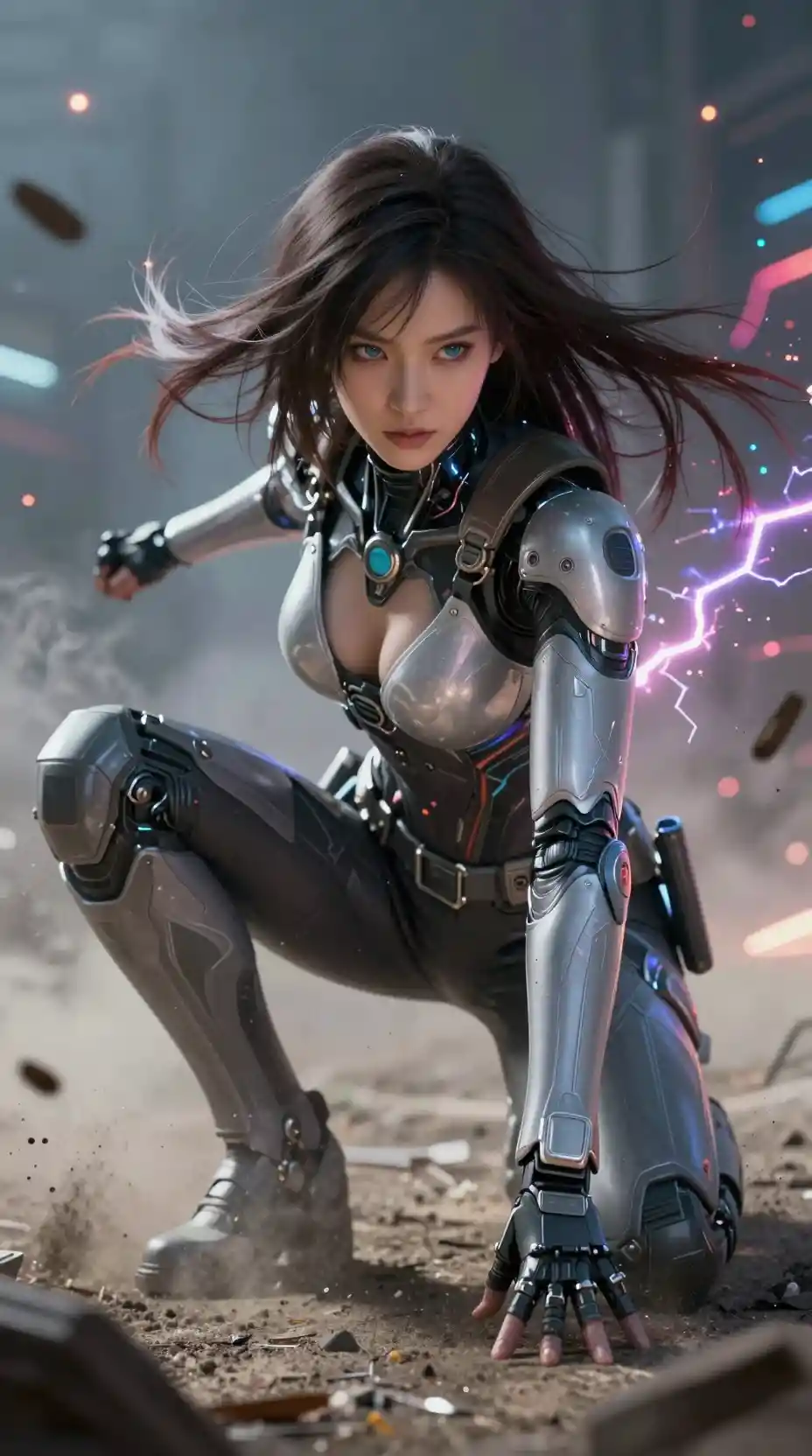 Future android warrior kneeling amid swirling colored lights