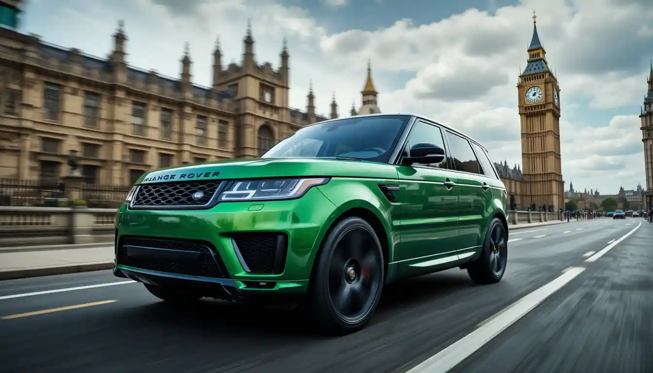 Green suv racing past big ben in dynamic london scene