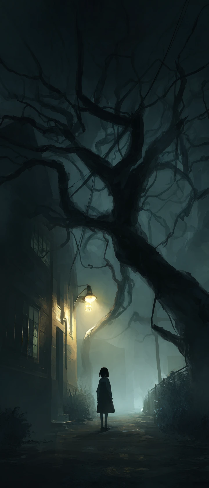 Girl standing beneath a twisted tree on a dark street