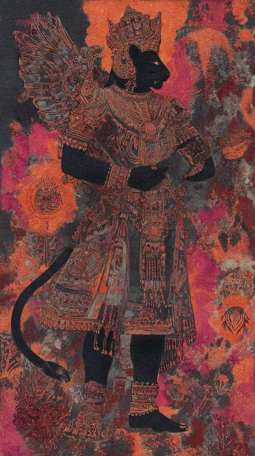 Mythological Indian god Narayan in surreal orange tones