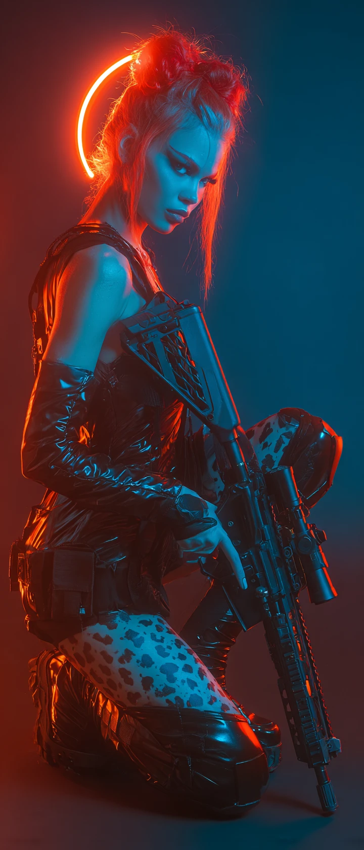 Cyberpunk warrior woman crouching with futuristic rifle