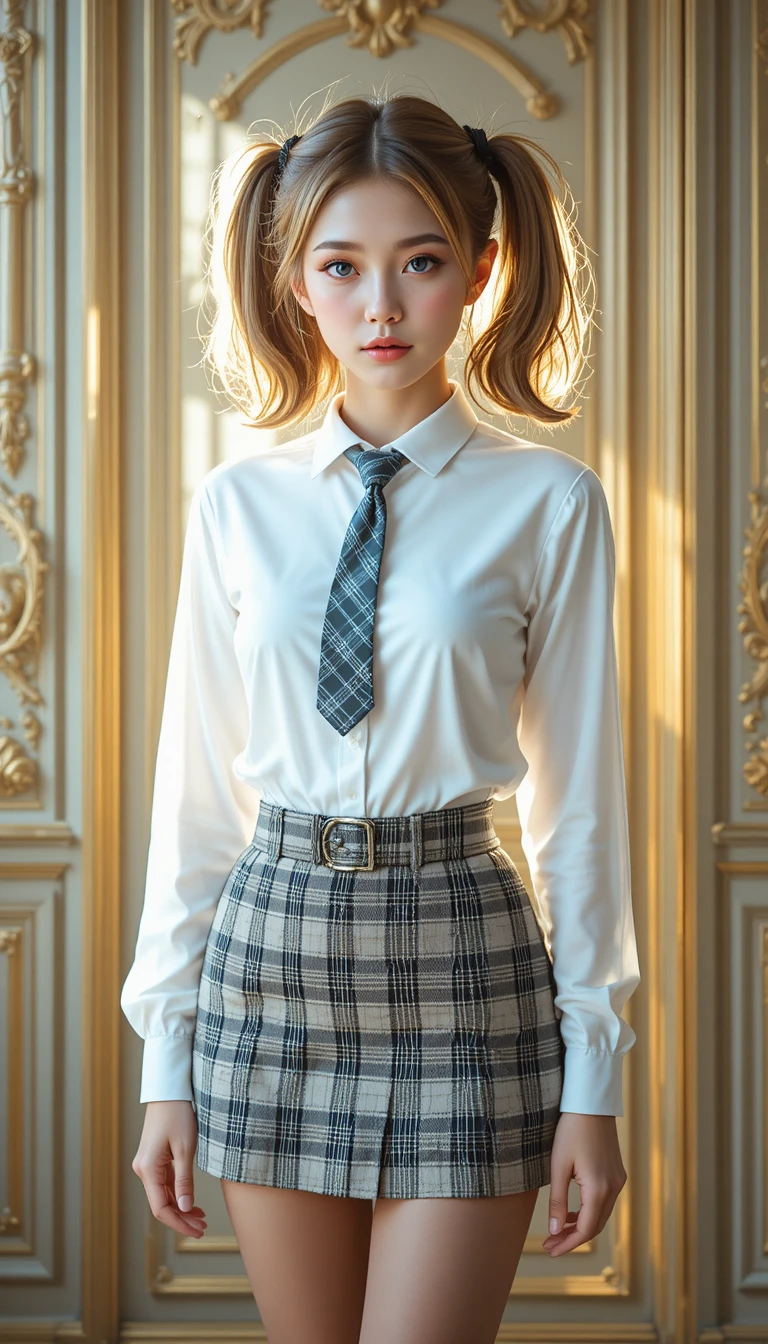Young woman in school uniform in soft golden light