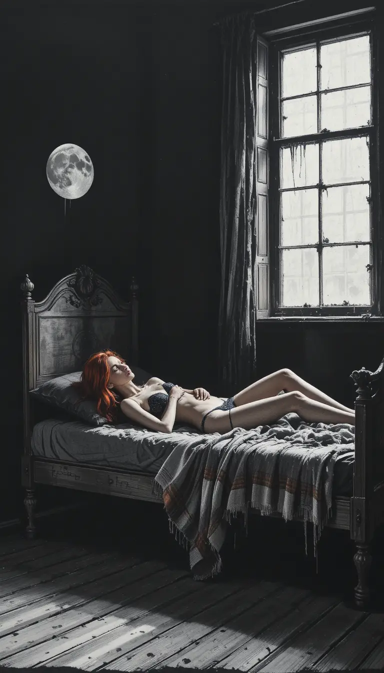 Punk woman lying on an old bed in moonlit room