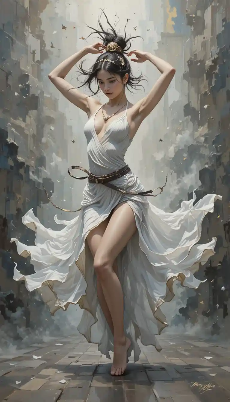 Graceful warrior woman captured mid dance in dynamic motion