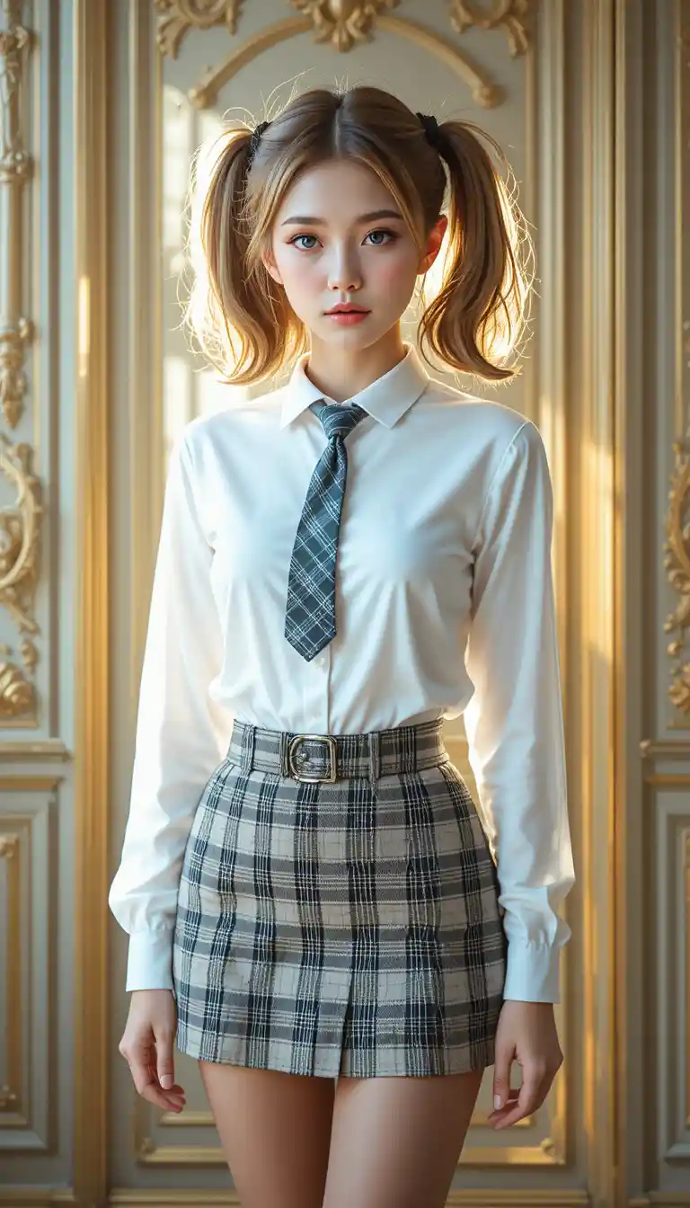 Young woman in school uniform in soft golden light