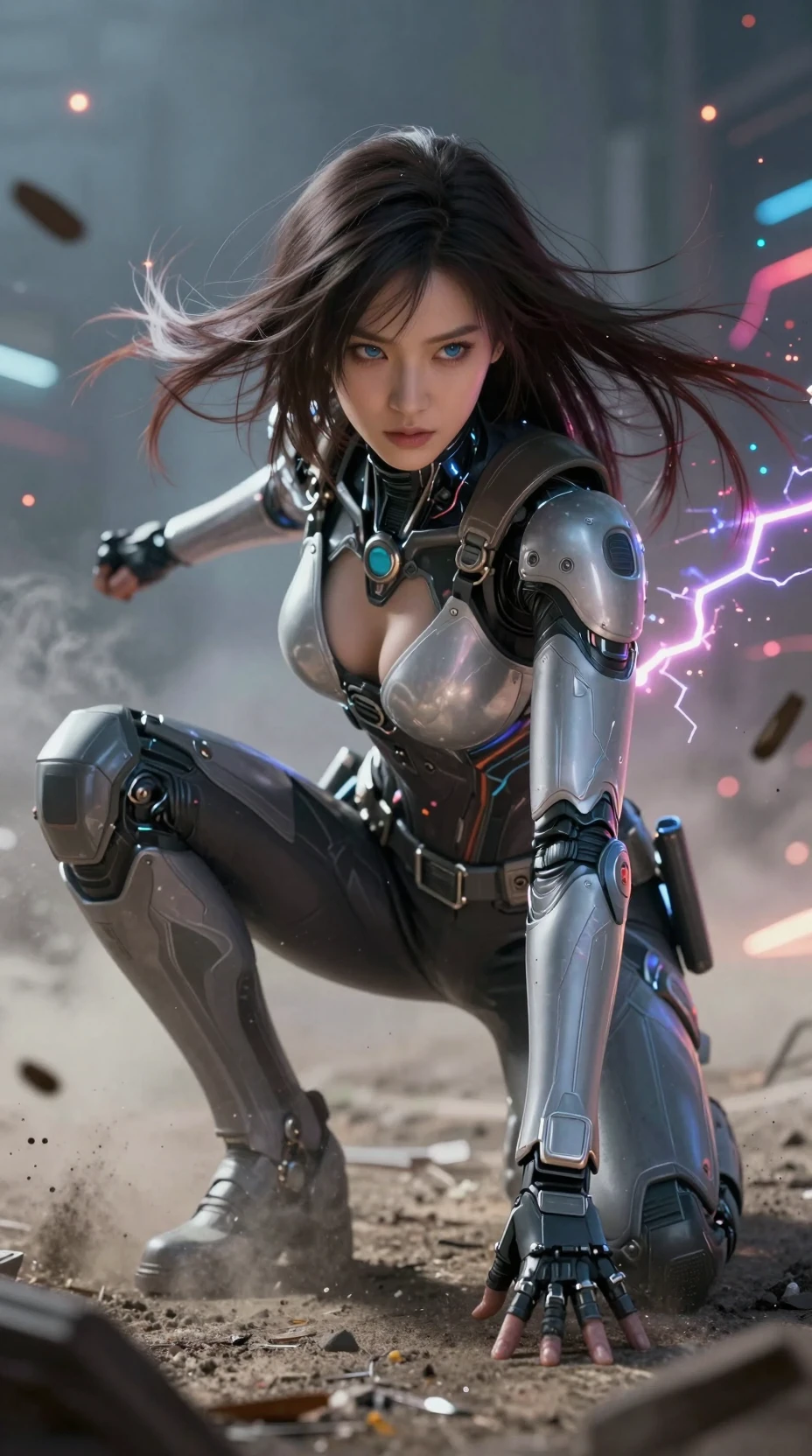 Future android warrior kneeling amid swirling colored lights
