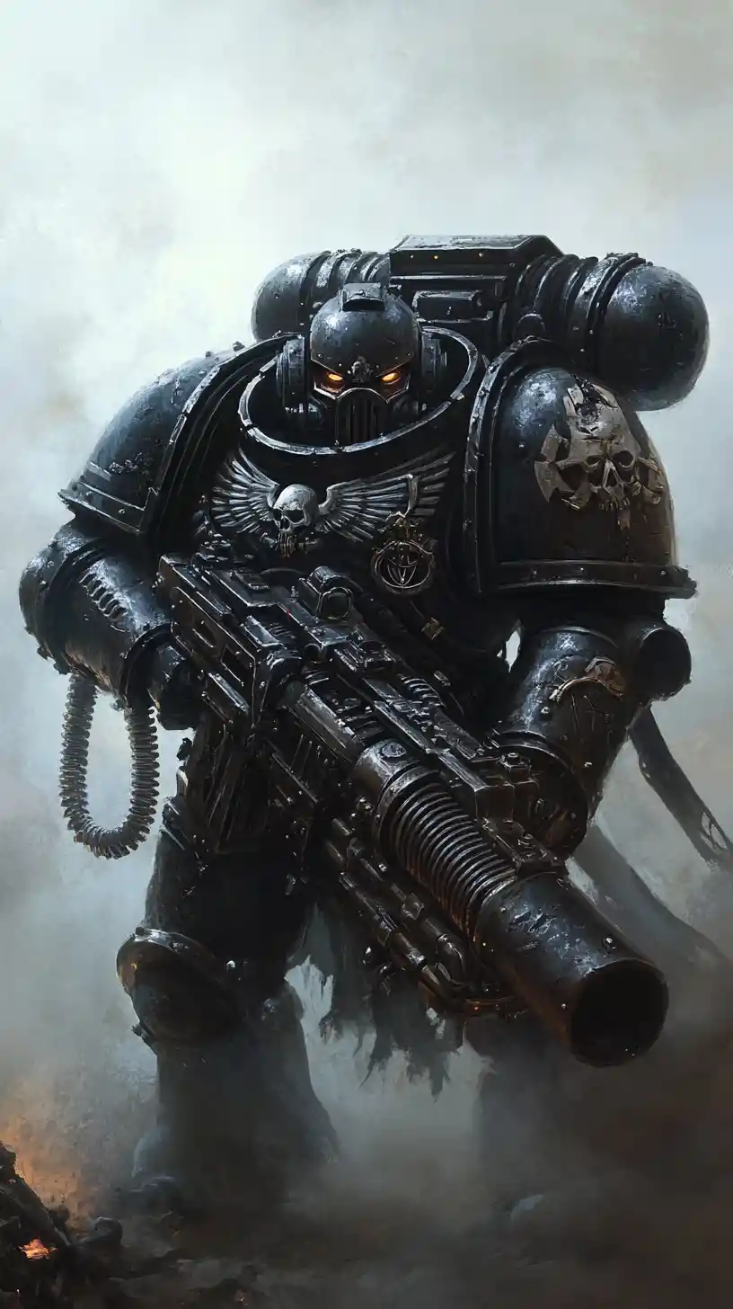 Soldat de science-fiction blindé avec énorme mitrailleuse dans le brouillard