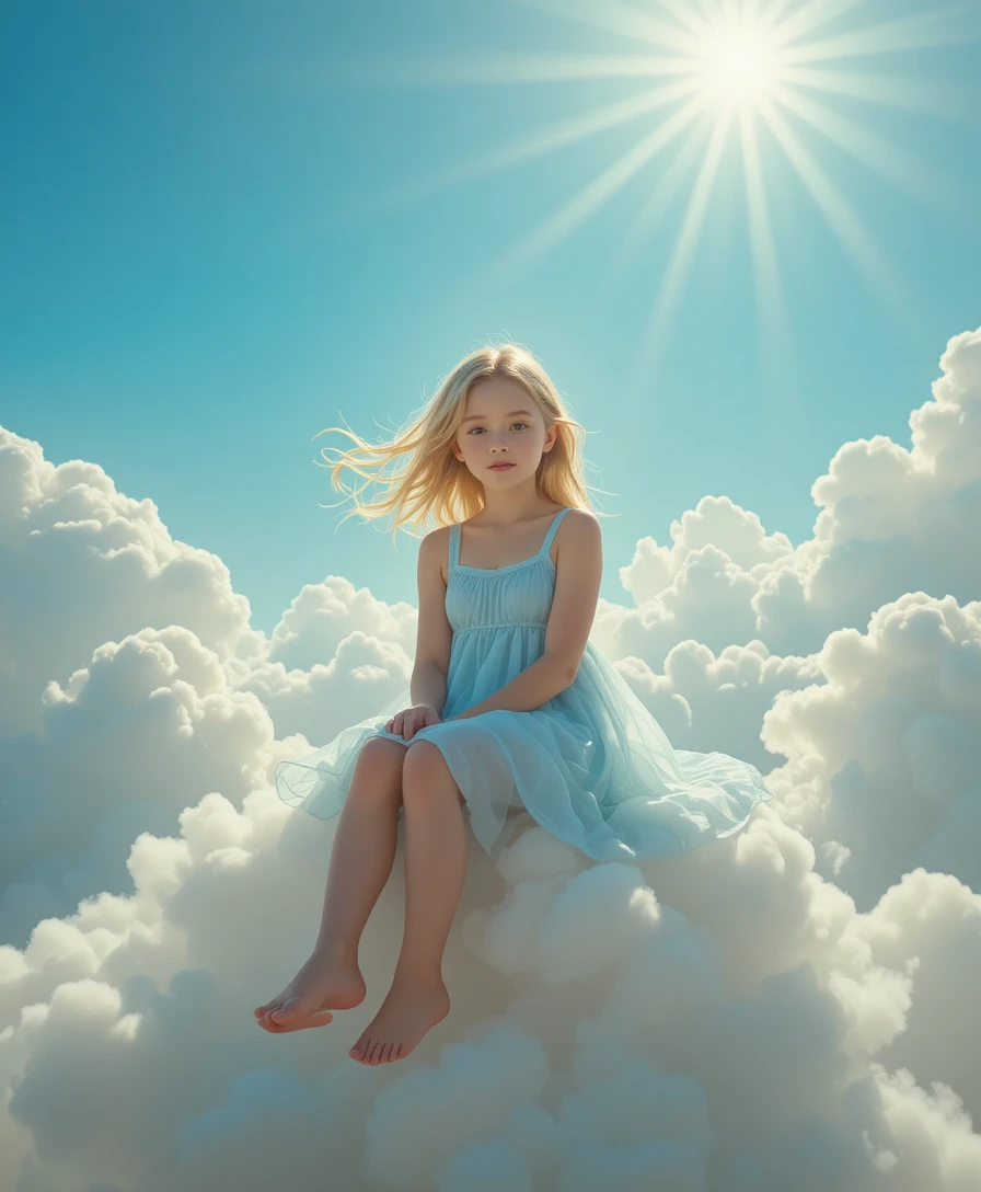 Young girl sitting on a glowing cloud in the sky