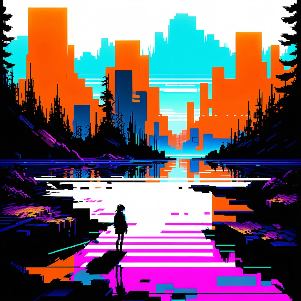 Melancholische Glitch-Landschaft mit zerbrochenen Pixel-Overlays