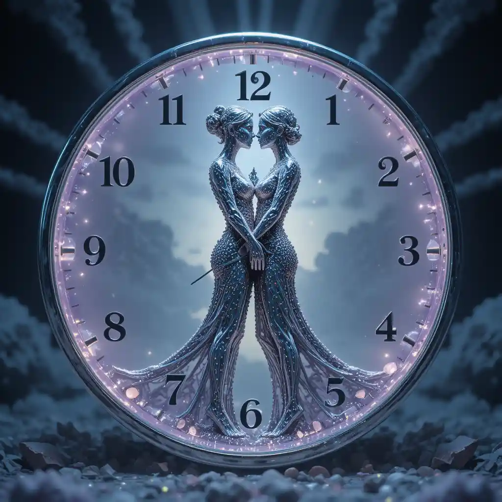 Surrealistische Uhr mit leuchtenden Monden und schmelzenden Silbergestalten