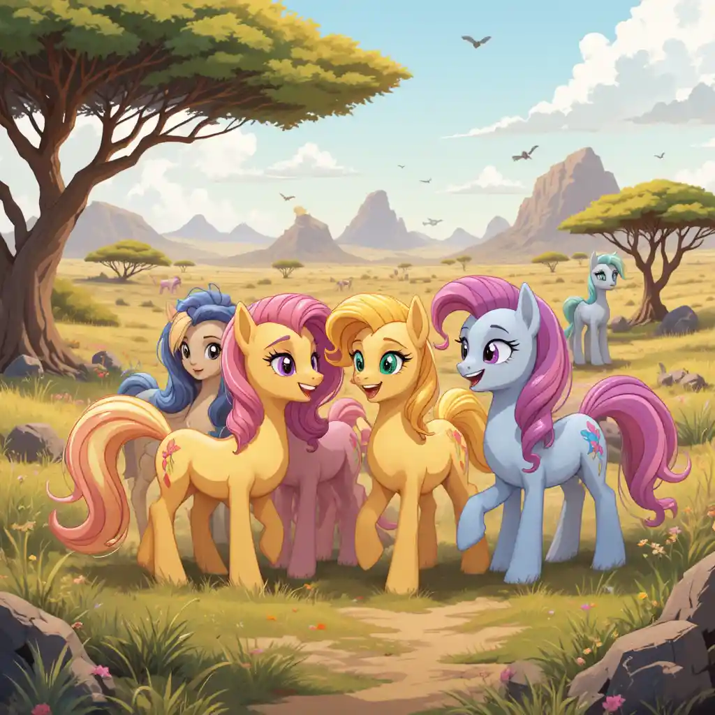 Poneys colorés jouant ensemble dans une savane lumineuse