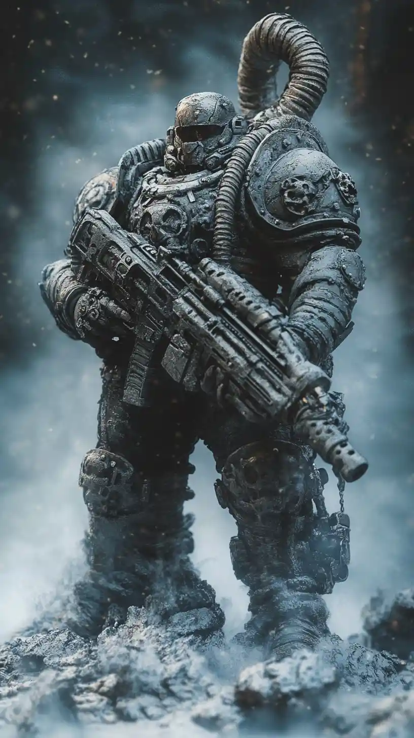 Armored sci fi soldier with heavy gun in foggy scene