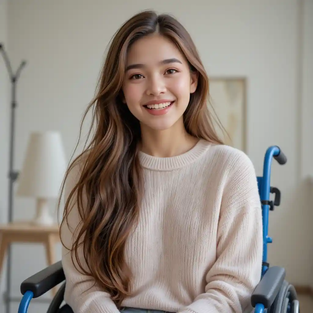 Smiling teenage girl in wheelchair in bright minimalist room