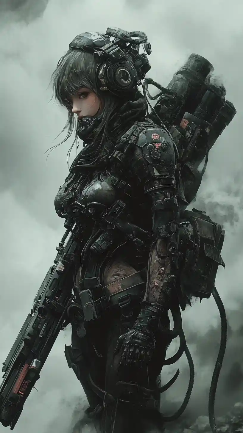 Anime sci fi woman soldier with massive futuristic machine gun