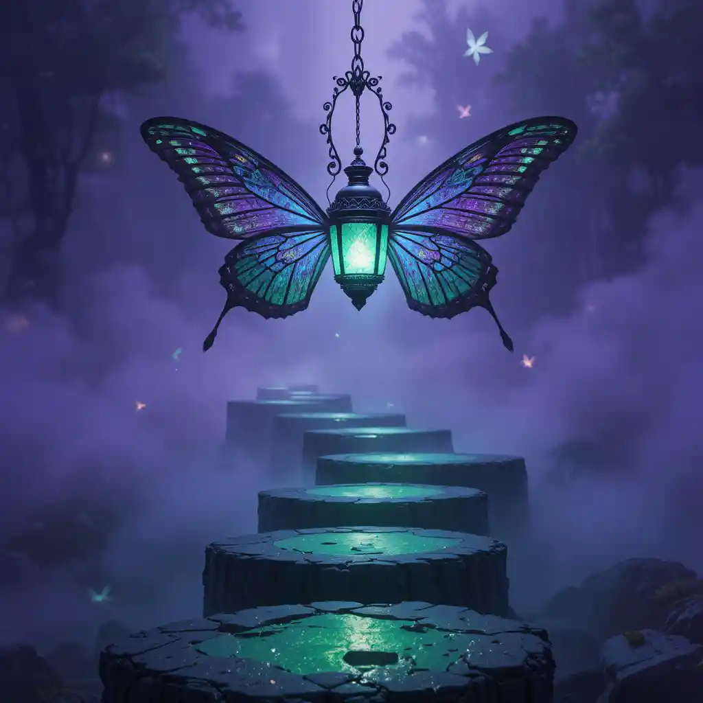 Lanterna vitoriana iluminando caminho enevoado de pedras flutuantes