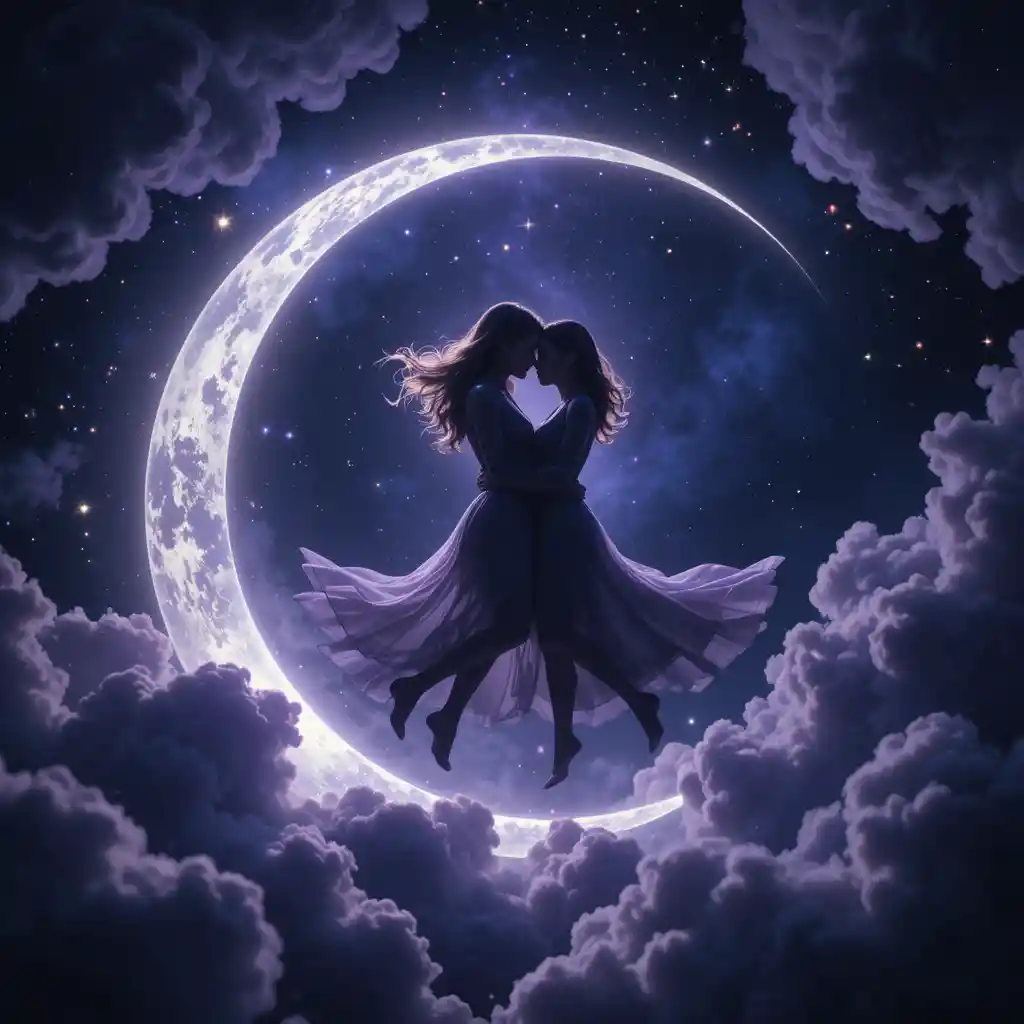 Lovers Floating In A Crescent Moon Amid Dreamy Cosmic Clouds