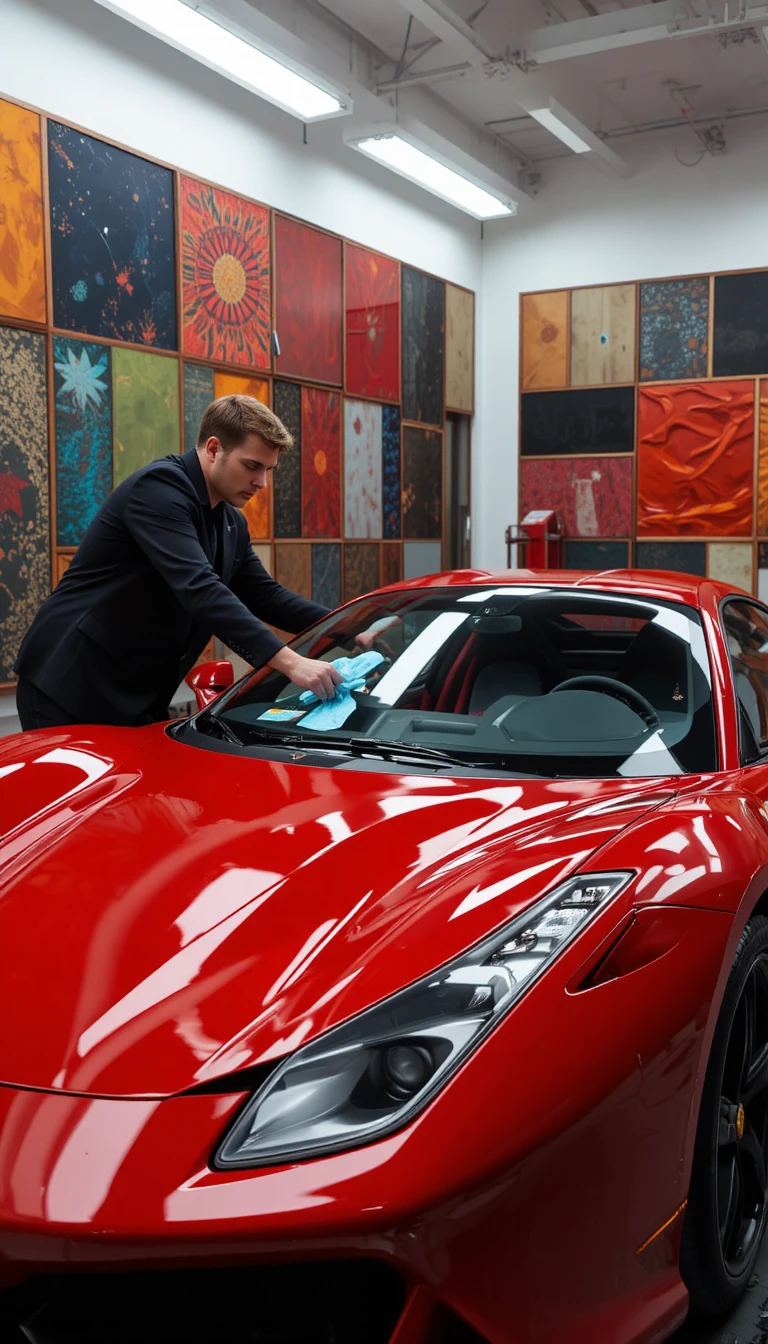 SUV Ferrari detallado en un taller moderno y colorido