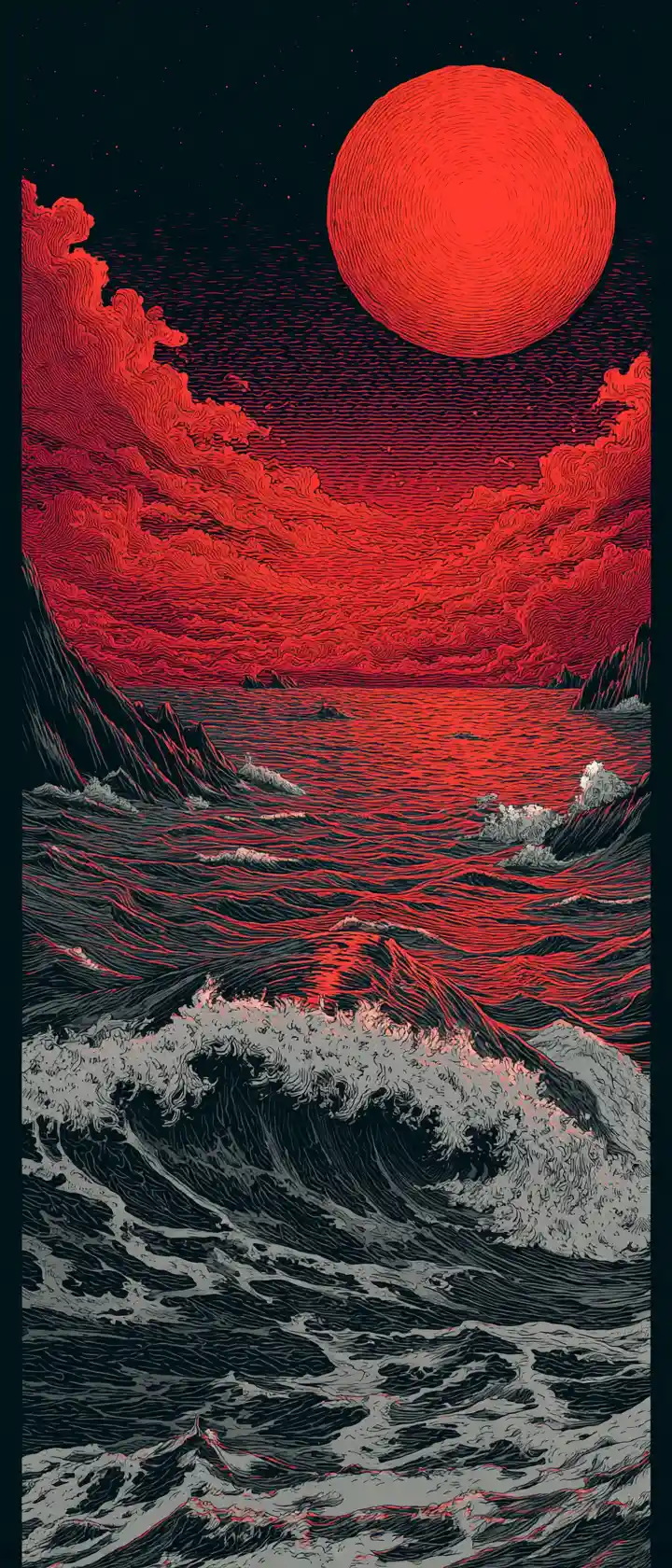 Sunset Screenprint Of Turbulent Ocean And Rising Red Moon