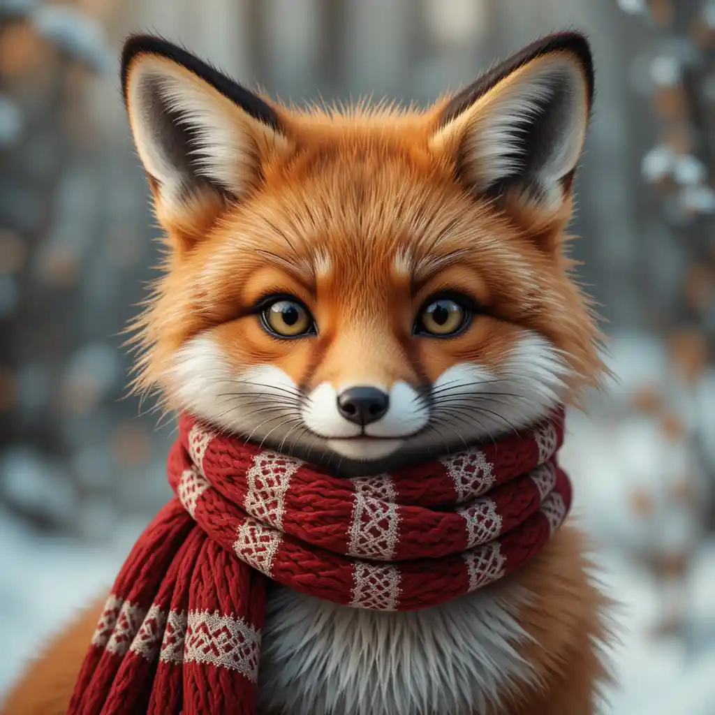 Niedlicher roter Fuchs mit festlichem Weihnachtsschal