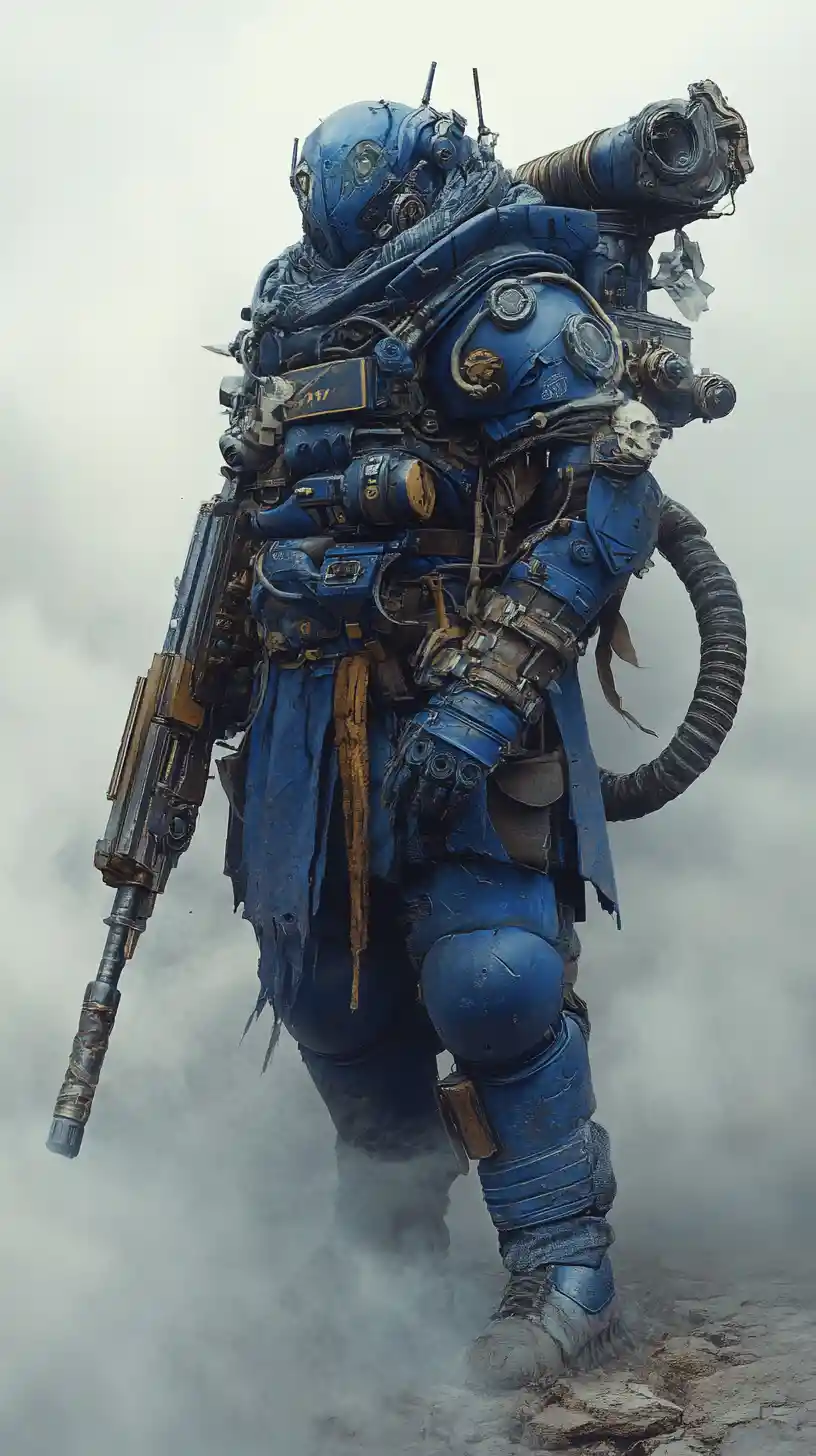 Soldado blindado de Warhammer en la niebla con una enorme ametralladora