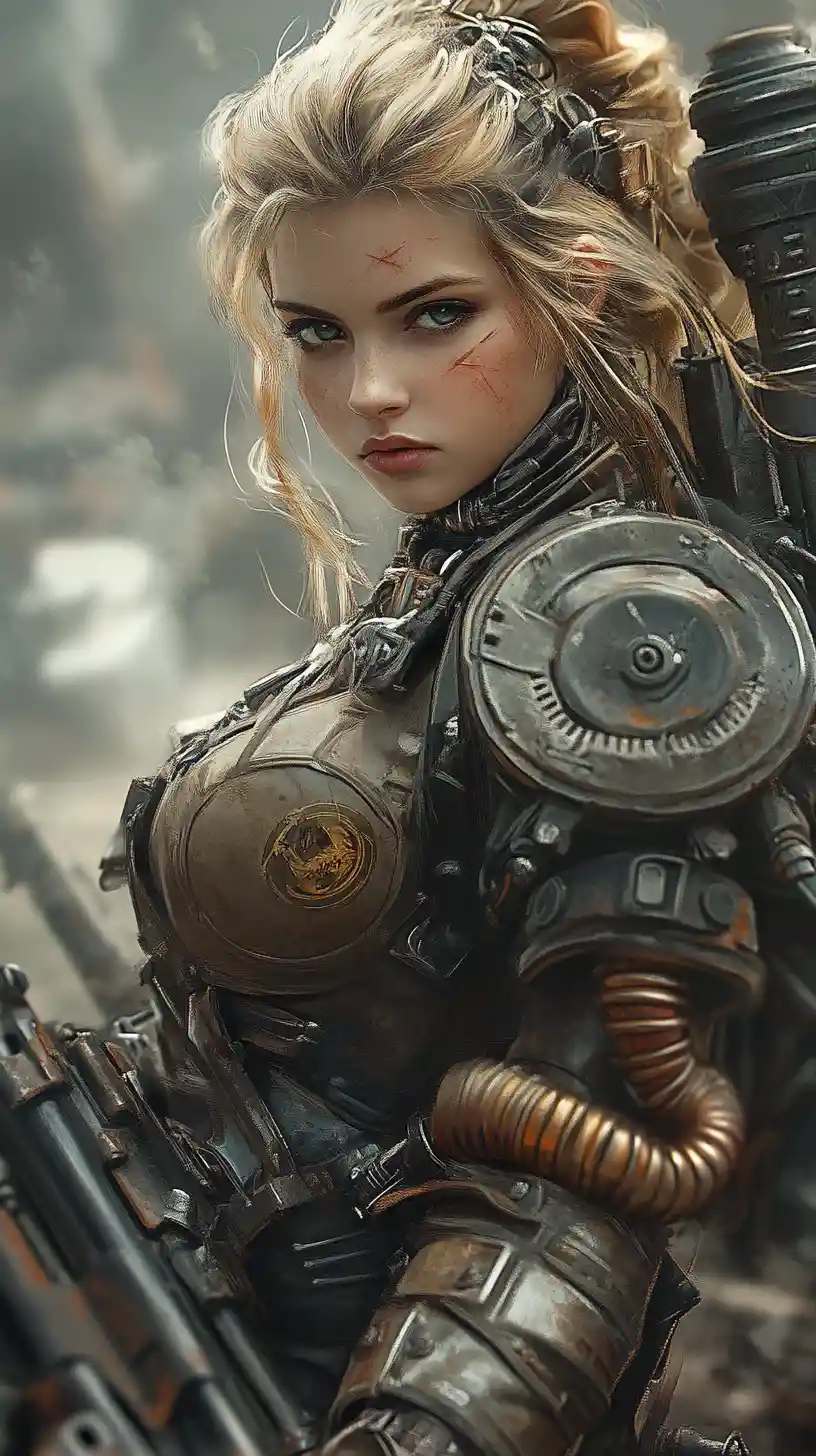 Steampunk warrior woman with massive machine gun in fog