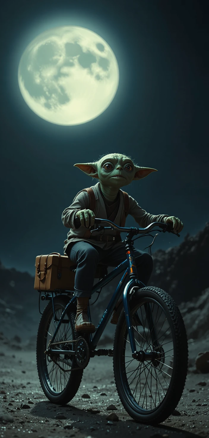 Escena nocturna cinematográfica de una BMX vintage en silueta contra la luna