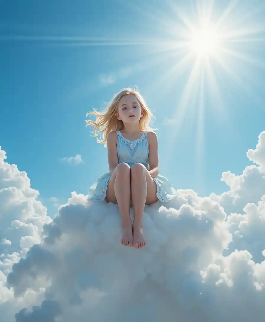 Jeune fille se reposant sur un nuage au soleil éclatant