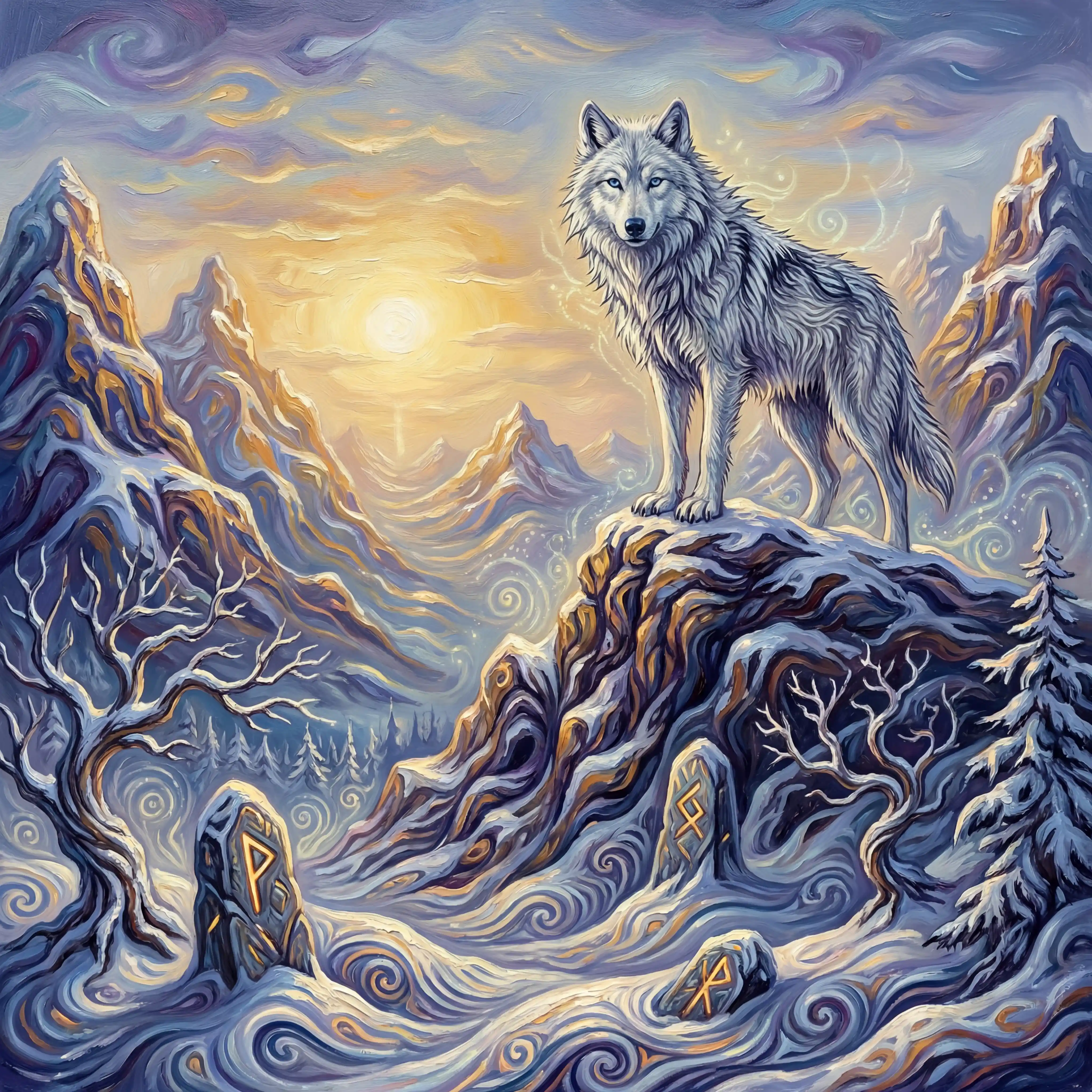 Mystical white wolf on winter mountains at golden sunset