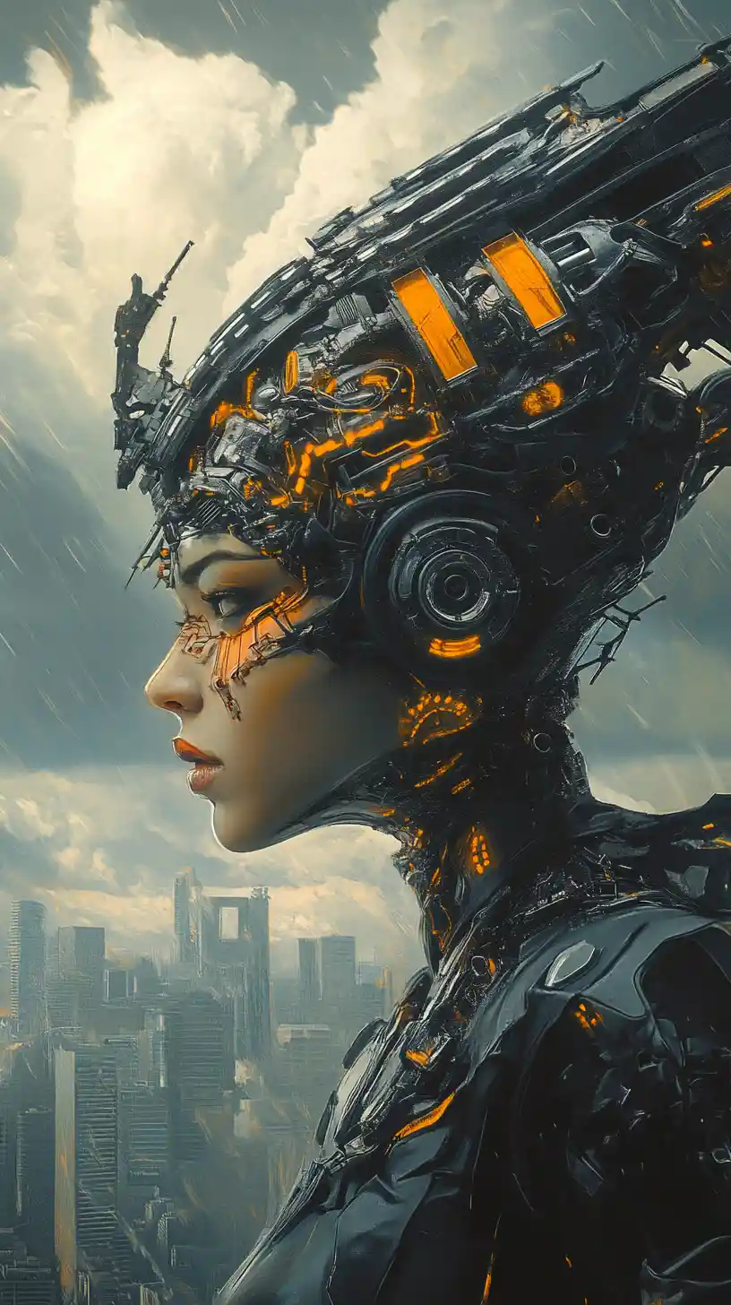 Reine guerrière cybernétique au‑dessus d’une ville dystopique orageuse