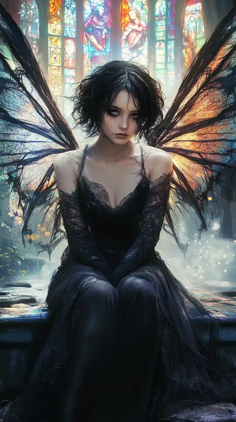 Gothic angel girl backlit in ruined stained glass cathedral