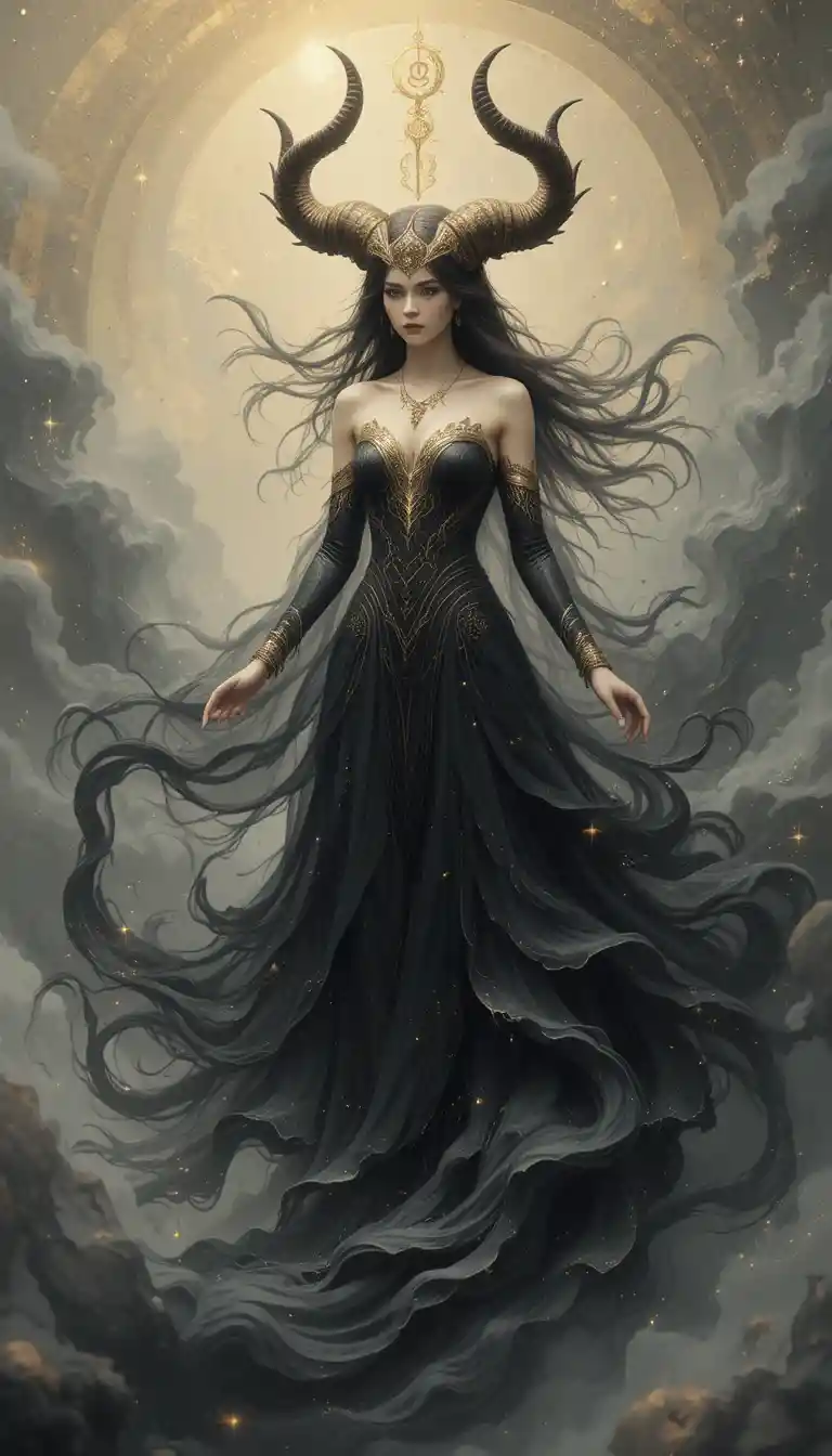 Mística mujer Capricornio en estilo de tarot en negro y dorado