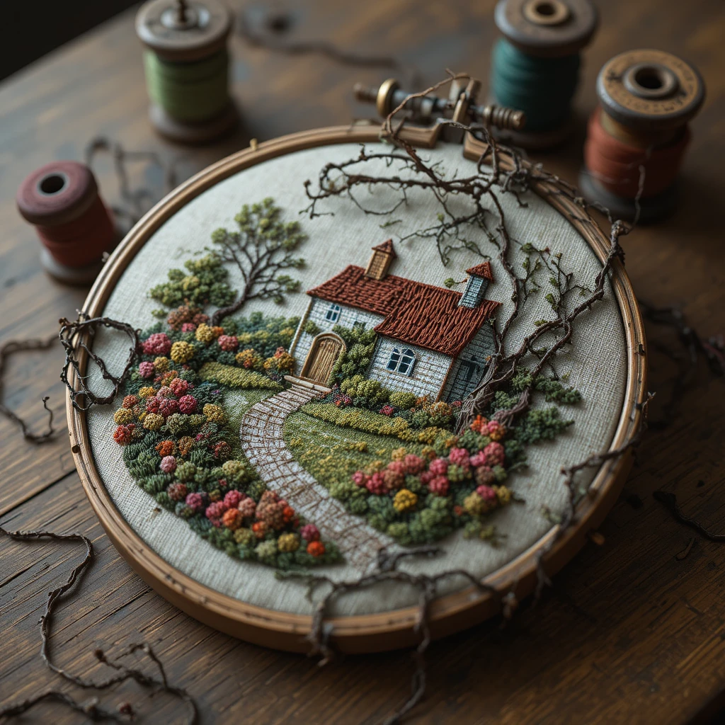 Stickrahmen mit Cottage-Szene und rankenden Reben