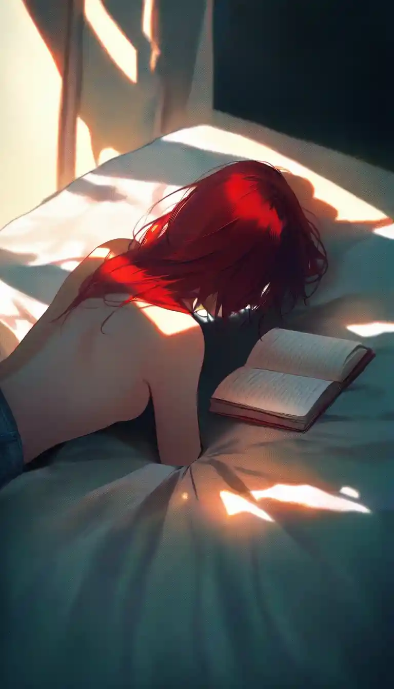 Giovane donna che legge su un letto sfatto nella luce soffusa della finestra