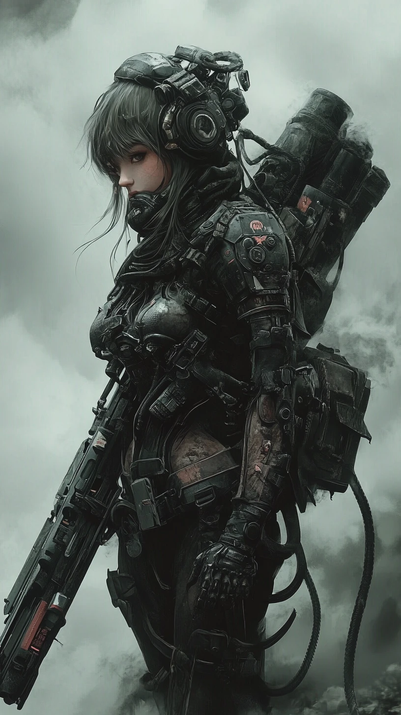 Anime sci fi woman soldier with massive futuristic machine gun