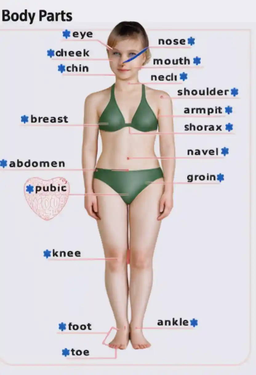 Labeled female body parts educational anatomy illustration