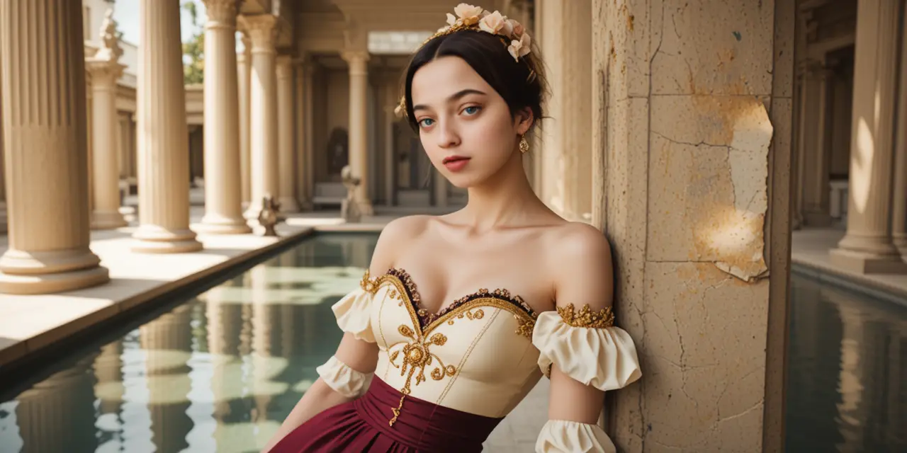 Young blonde woman in ornate corset by classical columns