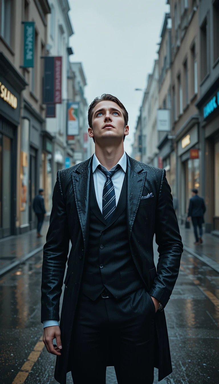 Man in a black suit standing in the rain at night