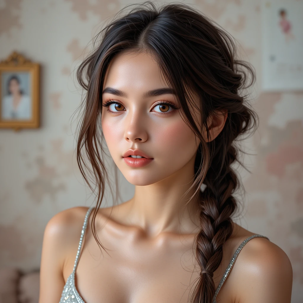 Young woman portrait with soft braid and silver top