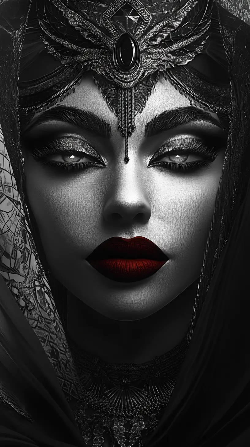 Mystical Egyptian goddess portrait in bold black and white