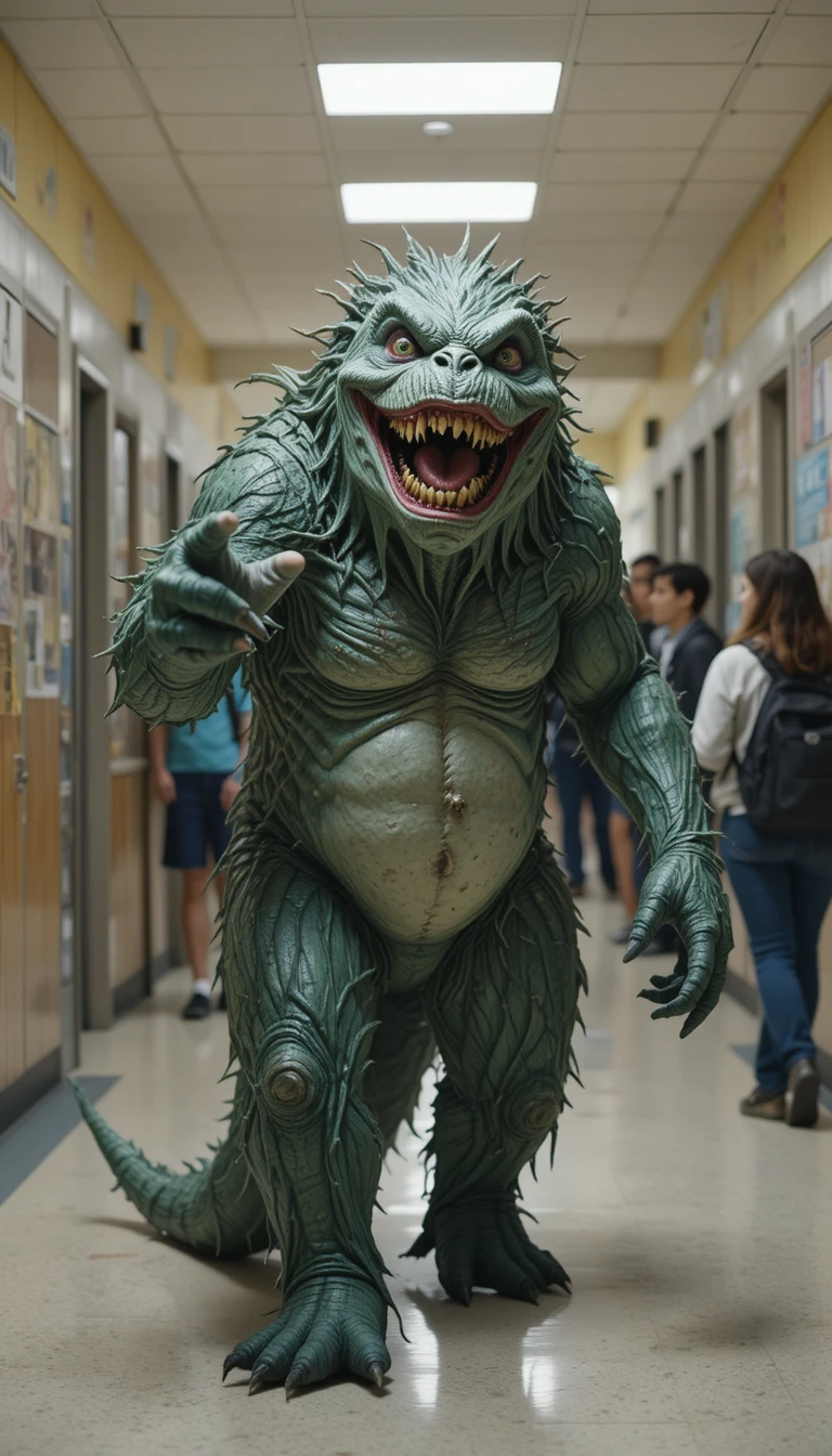 Monster Laughing In A Busy School Hallway With Students