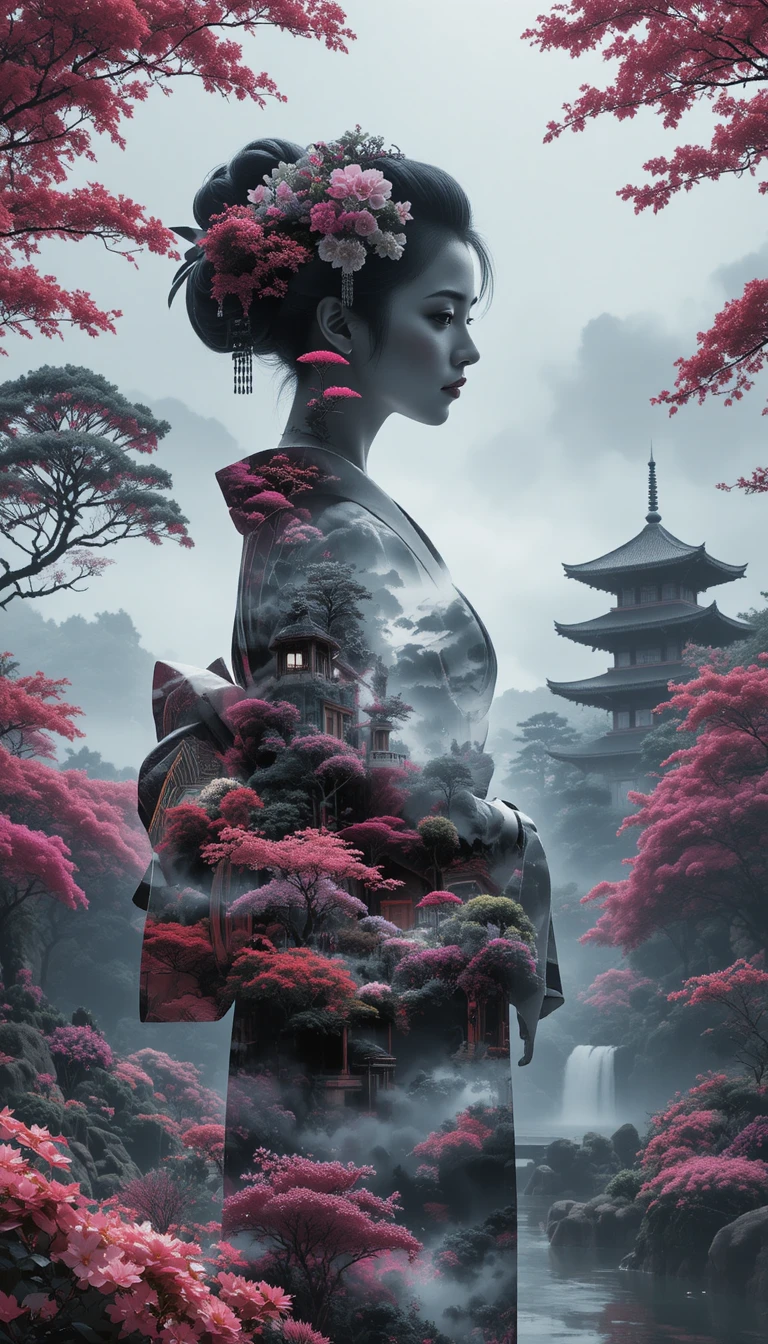 Monochrome geisha silhouette with double exposure pagodas
